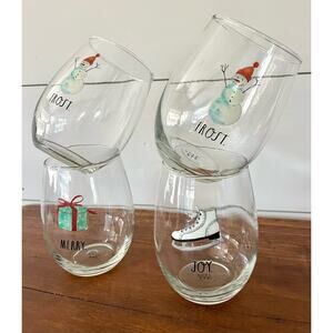 Rae Dunn Set of 4 Christmas Holiday  Stemless Wine Glasses Frosy Joy Merry